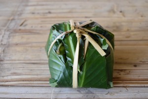 Our lunch packed in banana leaves for a lunch in the jungle at elephant nature park 